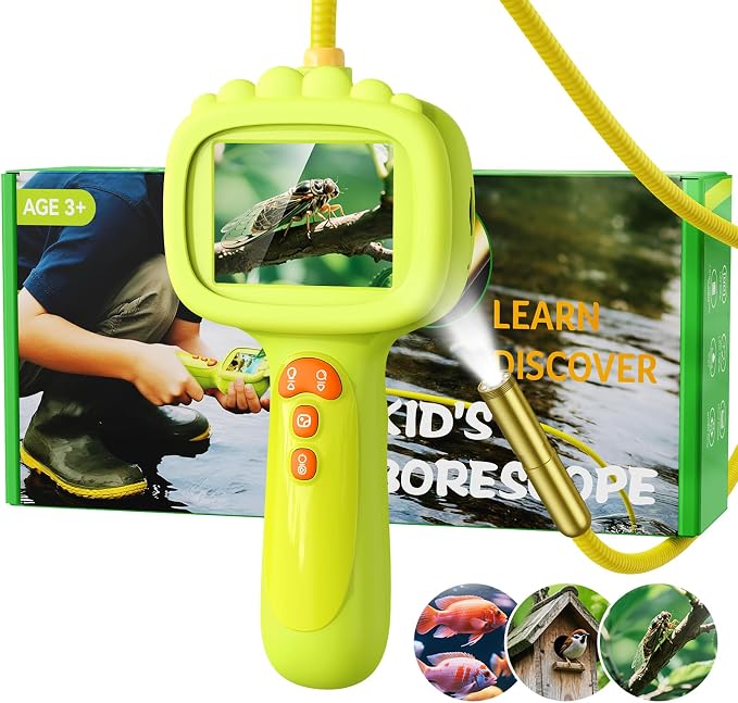 Borescope Camera with Light for Kids, Ashfly STEM Science Educational Toy for 3 4 5 6 7 8 Years Old Boys & Girls, 2.4" Screen Snake Scope Camera for Birthday Outdoor Camping Nature Exploration-Green