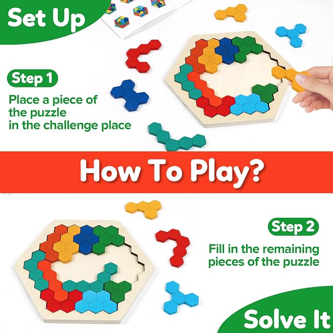 Wooden Brain Teaser Puzzles,Montessori Tangrams Pattern Blocks Logic Board Geometric Shapes Jigsaw Puzzle Games for Kids Ages 3-5,4-6(3Pack)
