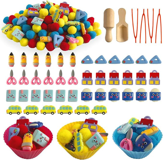 154Pcs Back to School Sensory Bin Filler Fine Motor Toys Stationery Sensory Bin Items Counting Sorting Toy for Preschool Education Activities Include Pom Poms Pen Scissors Notebooks Cup