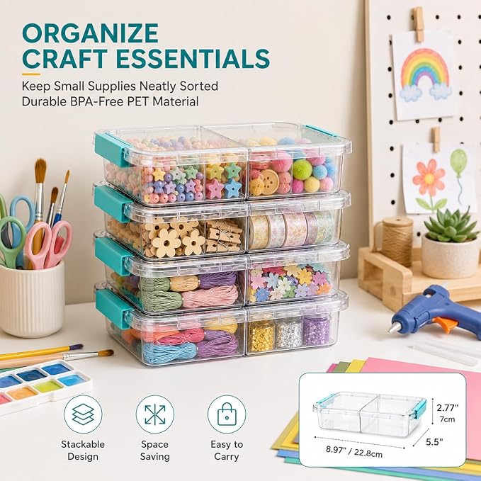 Vtopmart 1.5Qt Stackable Clear Pencil Box with Removable Divider, 8 Pack | Storage Containers for Pens, Pencils, Crayons,Craft, Sticker and Office Supplies, BPA-Free PET Plastic,Secure Side Latches