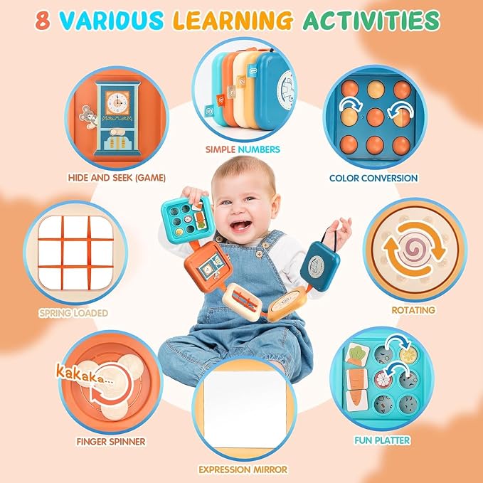Montessori Busy Board Activity Cube - Travel Toys for Toddlers 1-3, Fidget Cube for Fine Motor Skills, Car Seat & Stroller Toys, Quiet Toys for Church/Airplane, 1st Birthday Gifts for Boy Girl