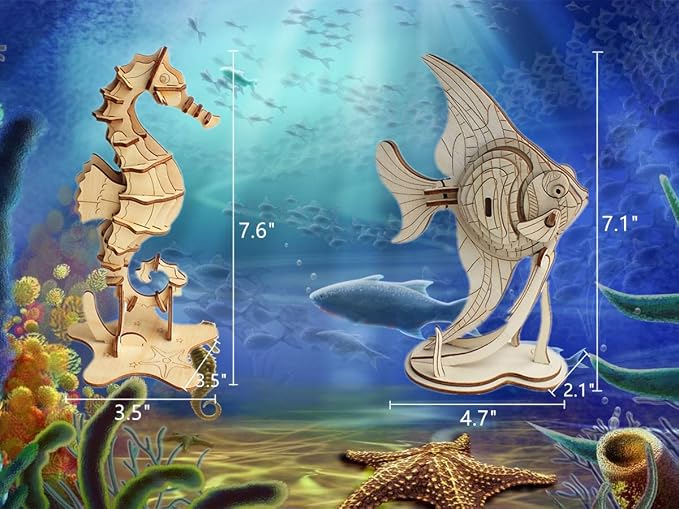 3D Wooden Sea Animal Puzzle, 6 Piece Set Wood Sea Animals Skeleton DIY Assembly Model Kits, Wooden Crafts Brain Teaser Puzzle, STEM Gifts for Adults & Teens Birthday Gifts Xmas