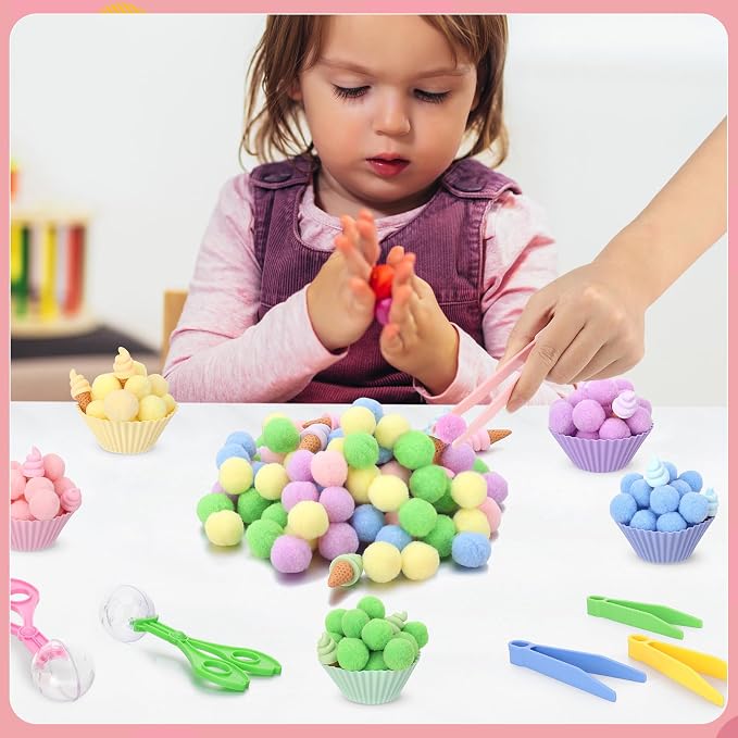 136 Pcs Ice Cream Sensory Bin Filler Counting Sorting Fine Motor Toys | 100Pcs Pom Pom 20Pcs Mini Ice Cream 10Pcs Sorting Cups 4Pcs Tweezers 2Pcs Scissors Clips for Preschool Early Education