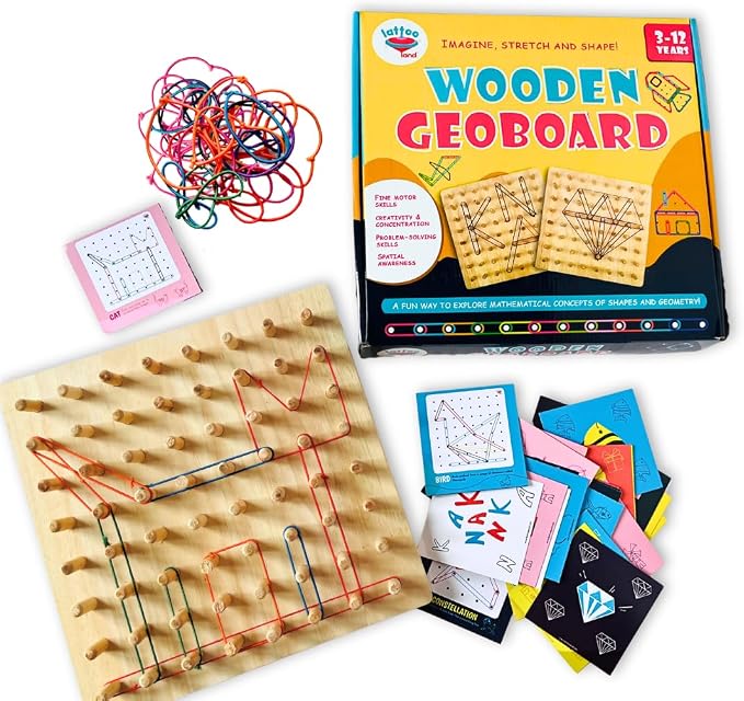 Lattooland Wooden Geoboard (8x8 Big Size) with Wooden Pegs | NO Nails | Brain Board Montessori STEM Toy for Kids | 42 Pattern Cards, Bands | Math Geometry Educational Game 3 4 5 6 Year Boys Girls
