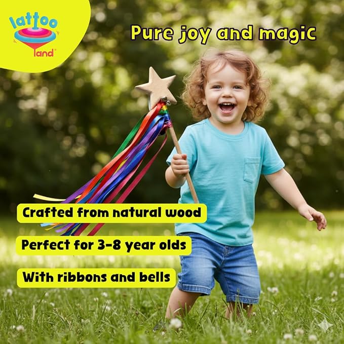 Wooden Wand for Kids with Ribbons and Bells | Wizard Fairy Princess Wand Toy | Handcrafted Magic Wand for Pretend Play & Costumes | Sensory Educational Montessori| Eco-Friendly Gift