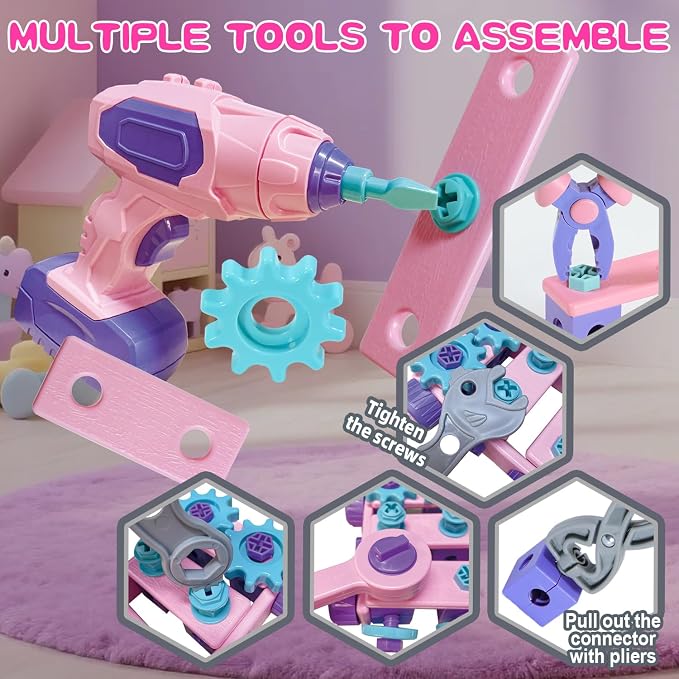 VEAIS Pink Kids Tool Set for Girls,Tool Set with Drill &Toolbox,STEM Montessori Toys for 3 4 5 Year Old,Pretend Play Kid Toy,Educational Construction Toy for 3-6 Year Old Girl,Birthday Gift for Kids