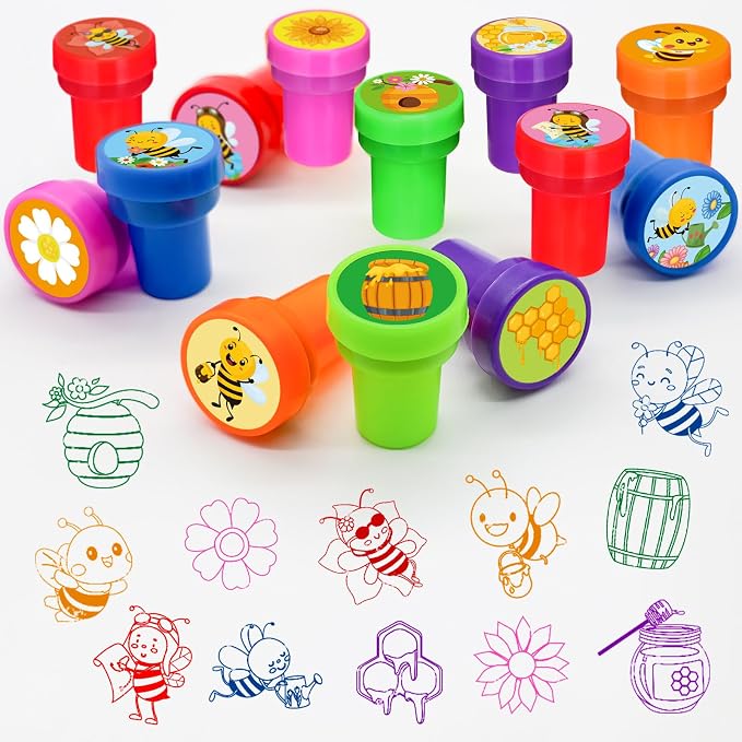 Cinrobiye 24 Pcs Bee Stampers Party Favor Set, Cute Honey Bee Stamps for Kids Birthday Party, Classroom Rewards, Carnival Prizes, Goody Bag Fillers, Bee Themed Party Supplies