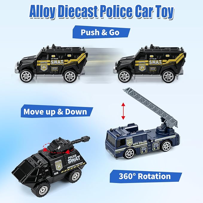 6 Pack Diecast Police Car Toy Set, Mini Alloy Models Police Car Toys for Boys 3-5 6 7, Armored Vehicle, Bulletproof Car, Rescue Truck, Military Helicopter, Armed Car Police Toys Kids Birthday Gift