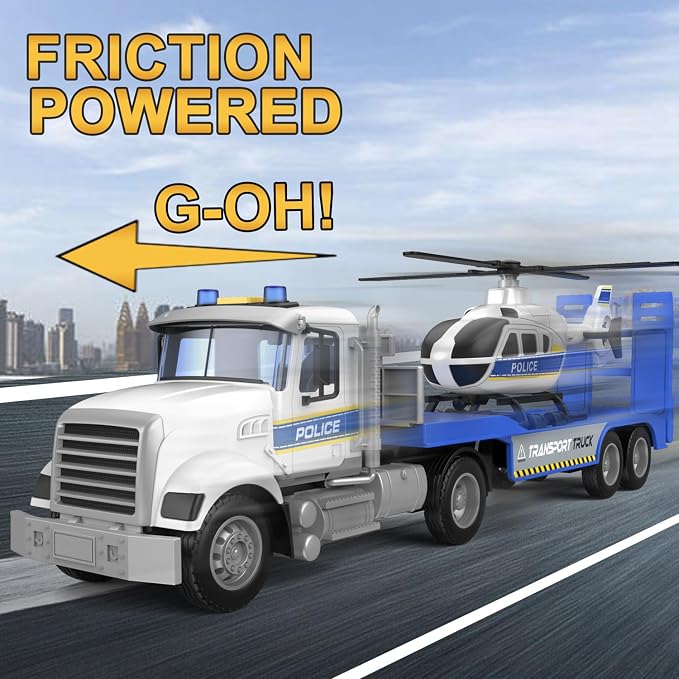 DOWELLIN Toddler Boy Toys for 3 4 5 6 Year Old, 22” Semi Truck Toy with Helicopter - Police Toys, Birthday Gifts for Kids Child 3+ Years Old