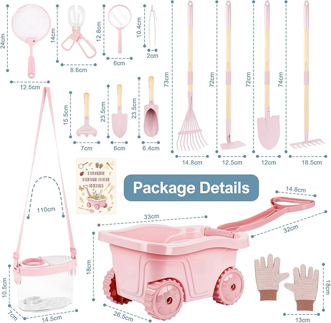 Dreamon Kids Gardening Set, 14Pcs Kids Gardening Tool with Bug Catching Kit | 2-in-1 Outdoor Toys with Wheelbarrow and Bug House, STEM Educational Toys for 3 4 5 Year Old Girls Boys Birthday Gifts, Pink