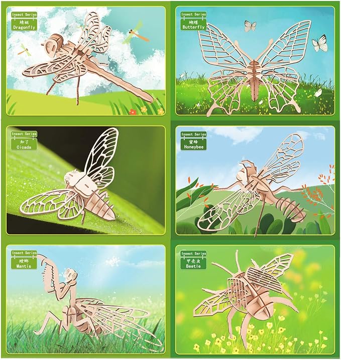3D Wooden Insect Puzzle - 6 Piece Set Insect Animal Skeleton Assembly Model Puzzle - DIY Wooden Crafts 3D Puzzle - Wood STEM Gifts for Adults & Teens Birthday Gifts Christmas