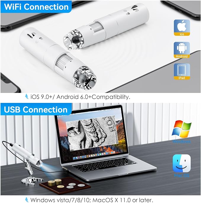 Wireless Digital Microscope, Skybasic 50X-1000X Magnification WiFi Pocket Handheld Microscopes with Stand HD USB Microscope Camera Compatible with iPhone Android iPad Windows Mac Computer (White)