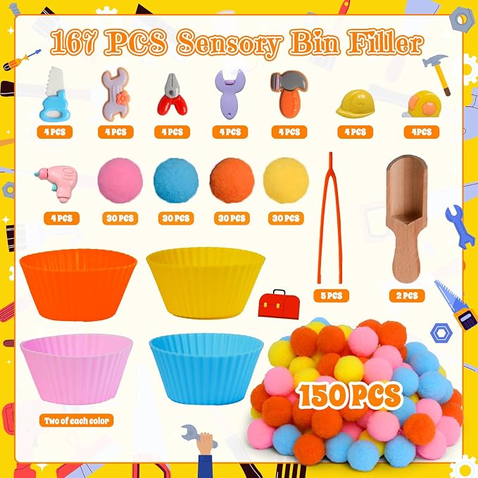 167pcs Tool Sensory Bin Filler Fine Motor Toys Kids Tool Box Sensory Bin Items Tape Measure Toy Drill Hammer Pliers Open-End Combination Wrench Hard Hat Hand Saw for Preschool Education Activities