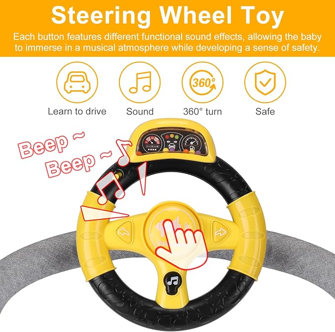 Accmor Upgraded Steering Wheel Toy for Stroller Shopping Carts, Music Sound Simulated Steering Wheel Toy, Universal Detachable Funny Pretend Driving Toy Accessories for Stroller Shopping Carts