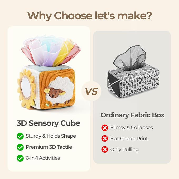 let's make Baby Tissue Box Toy, Farm Montessori Sensory Toys 6-12 Months, Play Silks & Crinkle Tissues with 3D Corduroy, Mirror, Squeaky Cow & Travel Clip - Fine Motor Skills Baby Girl Boy Gifts