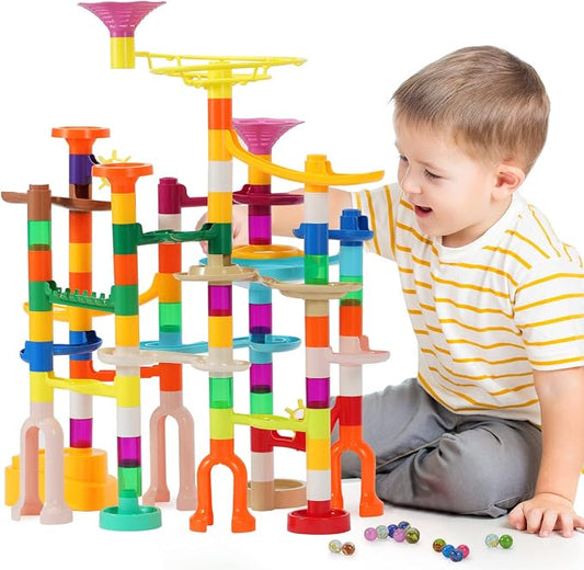 MaxTronic Marble Run Kit, 166Pcs Marble Maze Building Block Toys for Kids, STEM Learning Toys Marble Track Race Set with 30 Glow in The Dark Glass Marbles Birthday Gift Toys for Boys & Girls Aged 3-12