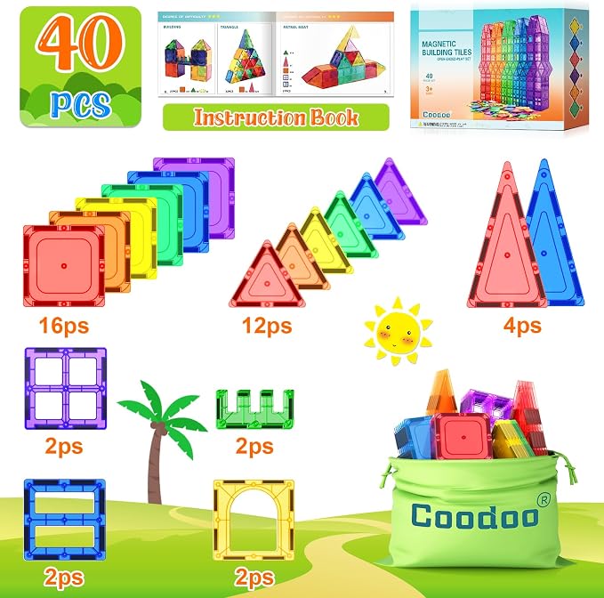 Coodoo Magnetic Tiles Kids Toys STEM Magnet Toy for Toddler Magnetic Blocks Building Preschool Learning Sensory Montessori Toys for 3+ Year Old Boys and Girls, Safe Creativity Toddler Kids Toy 40PCS