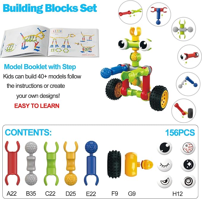 156 PCS STEM Building Blocks Toy Set for Kids 3-7, Birthday Gifts for Boys | STEM preschool toy. Storage box. Build 40+ models with guide. Hands-on play builds logic, creativity & motor skills. Gifts 3+