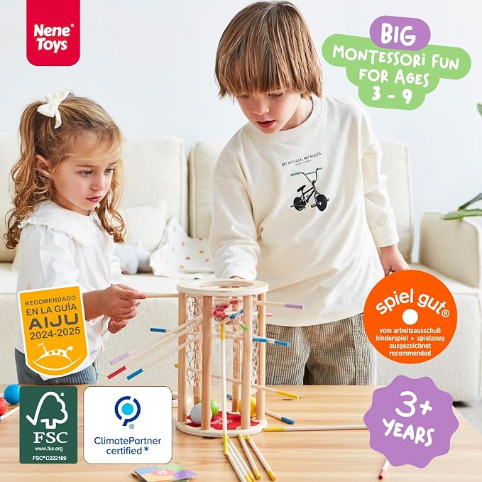Nene Toys BALLFALL Jumbo – Montessori Wooden Board Game for Kids 3 4 5 6 Years – Colorful Sticks, Dice & Cards – Fine Motor Skills Toy, Math & Counting Game – Educational Gift for Boys Girls Ages 3-9