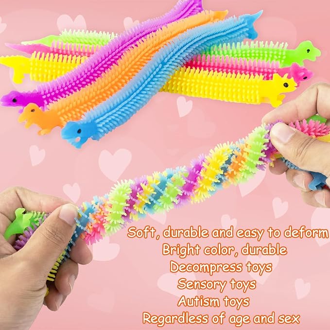 Valentines Day Cards for Kids - 24Pcs Dinosaur Cards With Glow in Dark Stretchy String Sensory Fidget Toys for Party Favors, Classroom Exchange Gifts, School Supplies