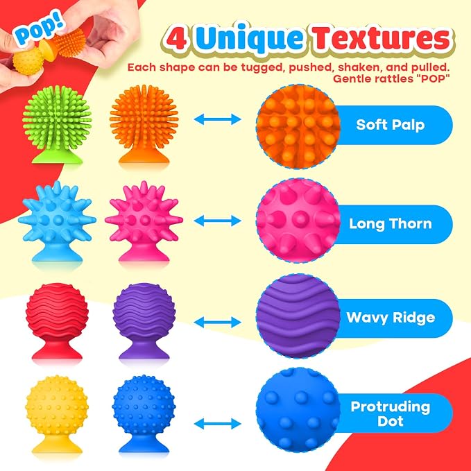 Sensory Toys Fidgets for Kids Adults Autism 8 Pack Textured Suction Cup Toy | Quiet Desk Fidgets for Classroom Stress, Sensory Special Needs Items for Autistic Boys Girls Stocking Stuffers Travel Gifts
