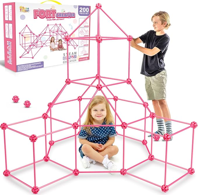 SpringFlower Fort Building Kit for Kids,STEM Construction Toys, Educational Gift for 4 5 6 7 8 9 10 11 12 Years Old Boys and Girls,Ultimate Creative Set for Indoor & Outdoors Activity,200 Pcs,Pink