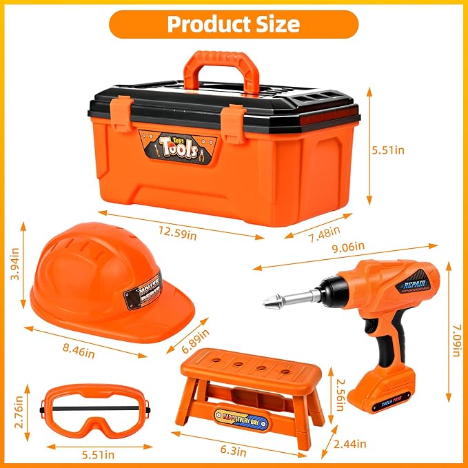 48 PCS Realistic Kids Tool Set with Hard Toolbox & Battery Powered Toy Drill, Pretend Play Toddler Tool Kit Construction Toys with Hard Hat for Boys & Girls Age 3-8