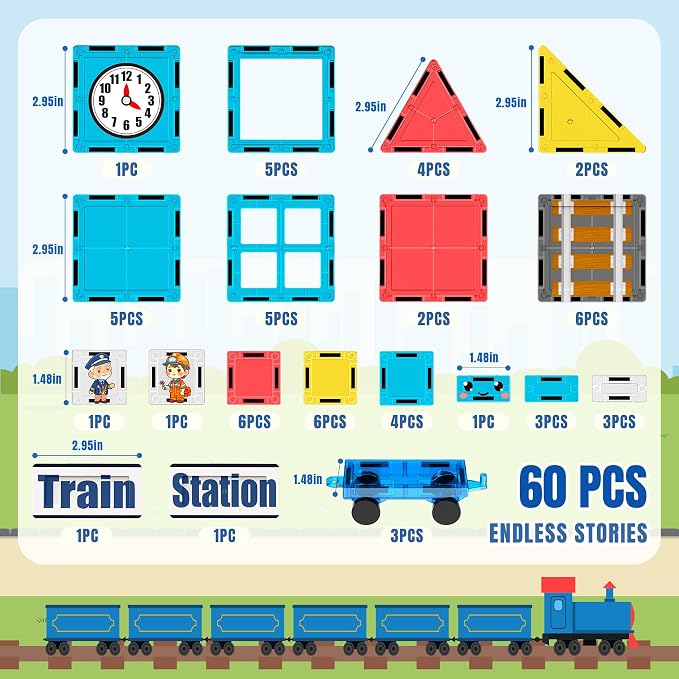 SKTMYY Magnetic Tiles Train Toys, Train Station for Kids Age 4-8 | Magnet Tiles Cars, Preschool Classroom Educations, STEM Learning Montessori Toys, Birthday Gifts for Boys Girls
