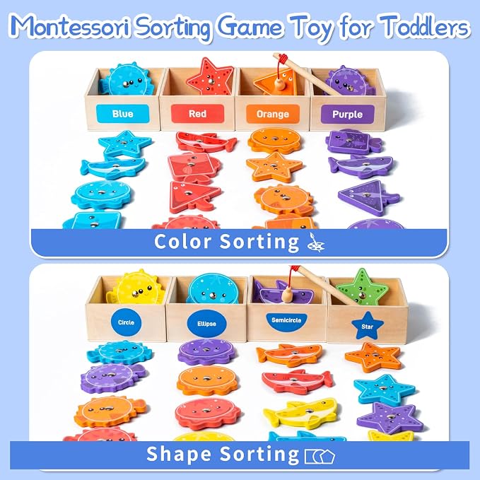 Montessori Fishing Game for Toddlers,Wooden Magnetic Fishing Game,Early Educational-Shape & Color Sorting Toy for Kid 3-5,Preschool Learning Fine Motor Skill,Classroom Matching Activity