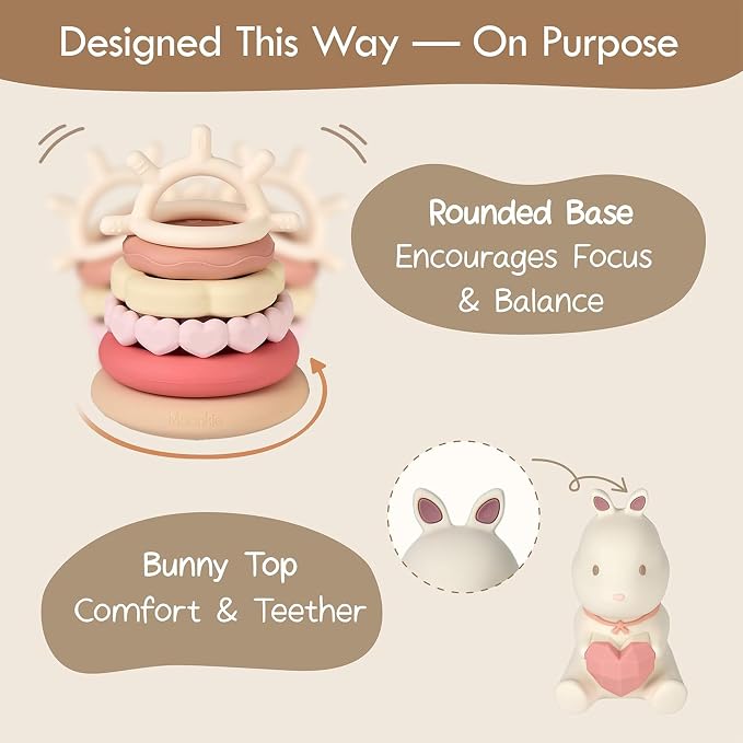 Moonkie Bunny Baby Stacking Toys | 7-Piece Silicone Rings for Teething Relief | Educational Toy for Infants & Toddlers 6 Months+ | Baby Shower or Birthday Gift for Girls