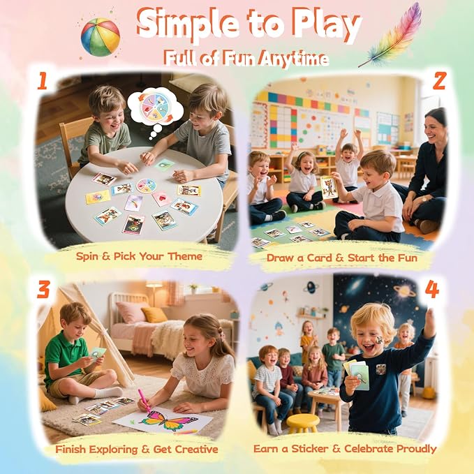 50 Indoor Discovery Cards for Kids 3–12 – Montessori Screen-Free Activity Set | 5 Themes | Spinner & Reward Stickers | Fun Game for Home & School Stocking Stuffers