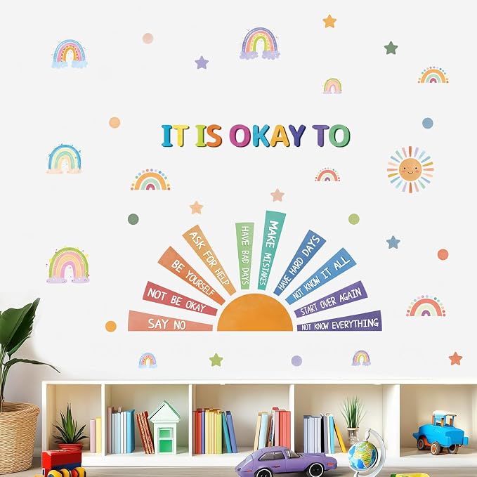 LHIUEM Positive Self-Affirmations Wall Decals Cute Mental Health Wall Decor | It Is Okay To Wall Stickers Colorful Sun Rainbow Window Clings Positive Psychology Quotes Decor for Kids Nursery Bedroom
