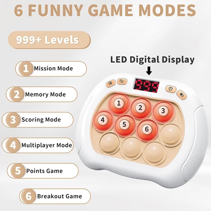 Intoypad Quick Push Pop Game Light Up Fidget Toy for Kids White | 6 Modes LED Screen Quick Push Pop Game Controller Electric Fidget Popper Game Bubble Game Birthday Gifts Toys for Kids Boys
