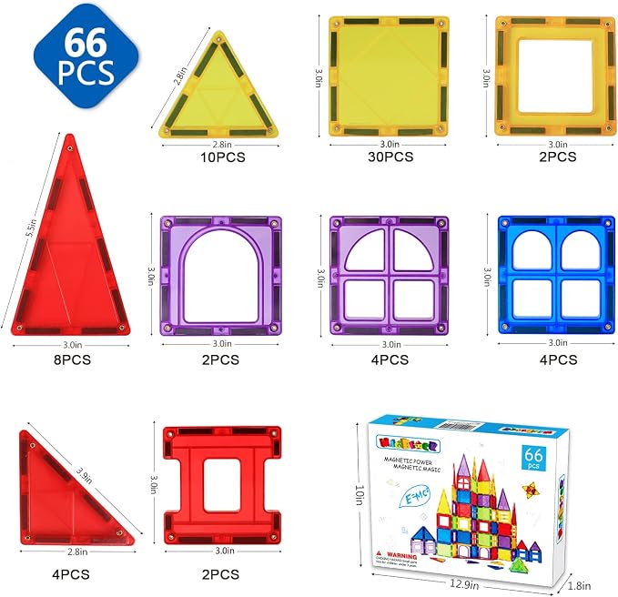 MAGBLOCK 66PCS Magnetic Tiles Building Blocks Construction Toys for Kids 3+ | Colorful Magnetic Blocks, Upgraded Magnet Tiles, STEM Montessori Sensory Toys for Learning Toys for Boys and Girls
