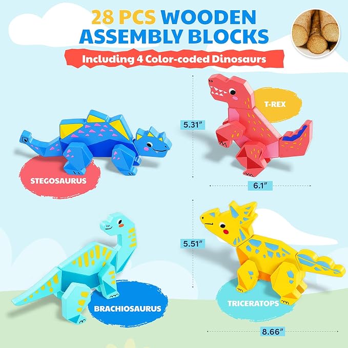 JoyCat Magnetic Wooden Dinosaur Building Toys for Toddlers 1-3 | Set of 4 Build and Take Apart Dinosaurs, Montessori STEM Fine Motor Toy, Gifts for Boys and Girls
