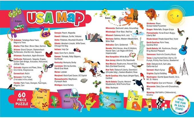MasterPieces 60 Piece Educational Jigsaw Puzzle for Kids - USA Map State Shaped - 16.5"x12.75"