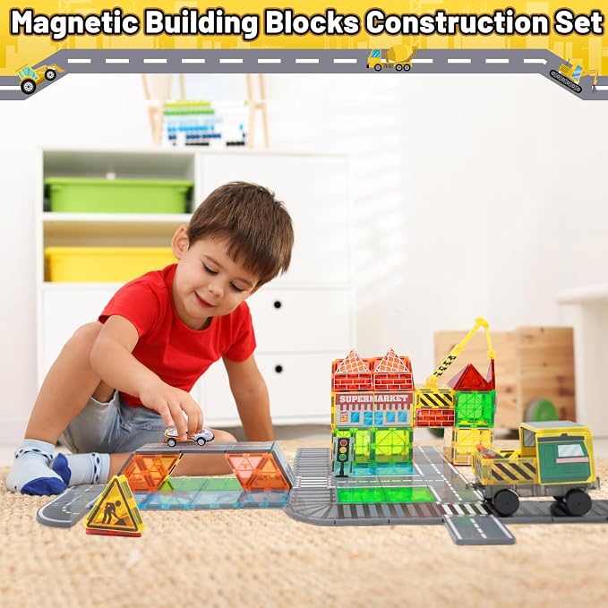 LionFuny 70Pcs Magnetic Tiles Magnetic Building Blocks, Building Toys for Kids Ages 3-5 4-8 8-12 Toddlers STEM Preschool Toy Boys Toys, City Construction Toys Set with 2 Cranes Train Tracks Road Car