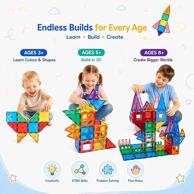 AFUNX 102PCS Magnetic Tiles for Kids,Strong Magnets,3D Clear STEM Toys | Endless Building Possibilities,Discover Magic of Magnets Through Play,Safe ABS and Smooth Edges,with Magical Light and Shadow