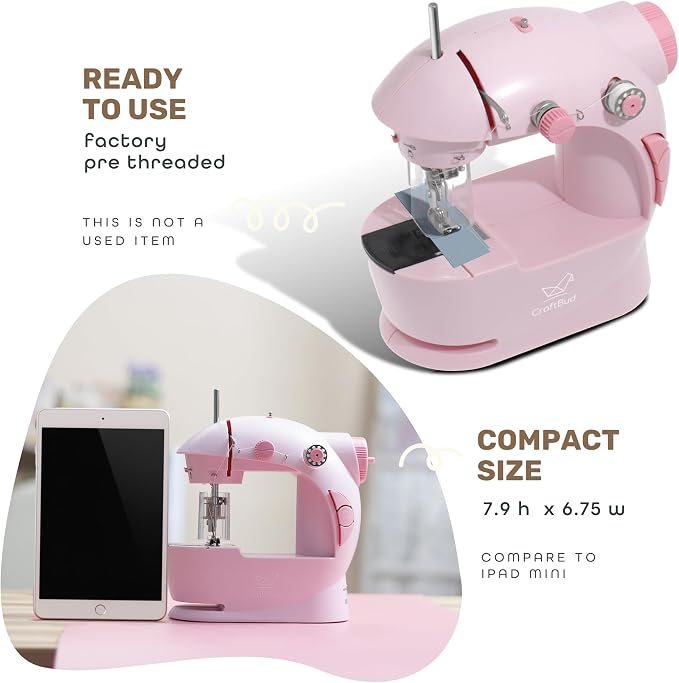 CraftBud Mini Sewing Machine for Beginners, Adults and Kids Sewing Machine | 48-Piece Sewing Kit Accessories, Portable, Dual Speed, Extension Table, Foot Pedal, Built-in Light, Guide Book & More, Pink