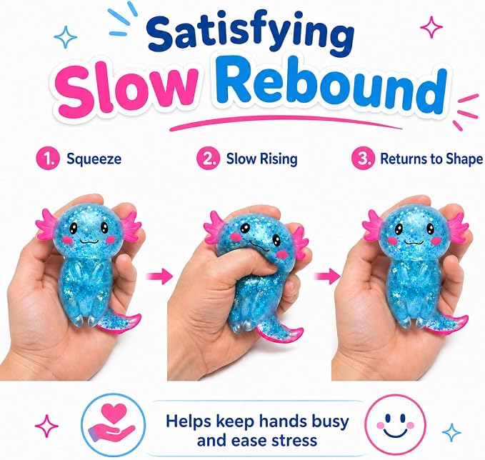 Axolotl Squishy Stress Ball, Soft TPR Slow Rising Squeeze Toy, Cute Axolotl Fidget Toy for Stress Relief, Anxiety Calming Sensory Toy for Kids Adults(Blue Long Tail Axolotl)