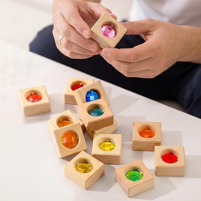 16 Pcs Acrylic Wooden Gem Blocks Sparkling Translucent Cubes Stacking Toys Wooden Cubes Blocks with Colorful Acrylic Open Ended Play Montessori Educational Toys (Round)