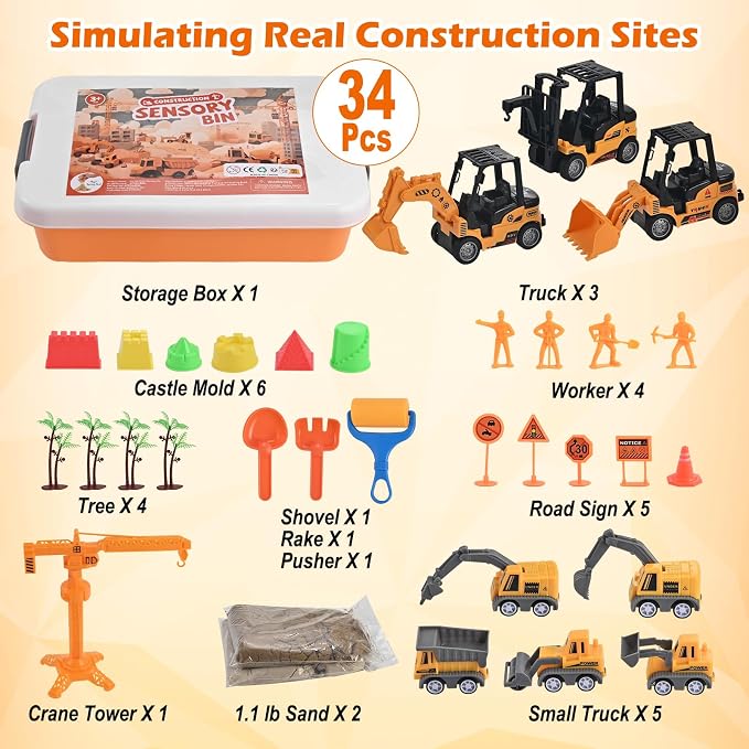 Faburo 34Pcs Sand Construction Site Kit Sensory Bin Toy for Toddler | 8 Vehicles, 6 Castle Molds, 5 Road Signs, 4 Worker Figures, 2.2lbs Sand, Sand Toy Birthday Gift for Kids Boy Age 3 4 5