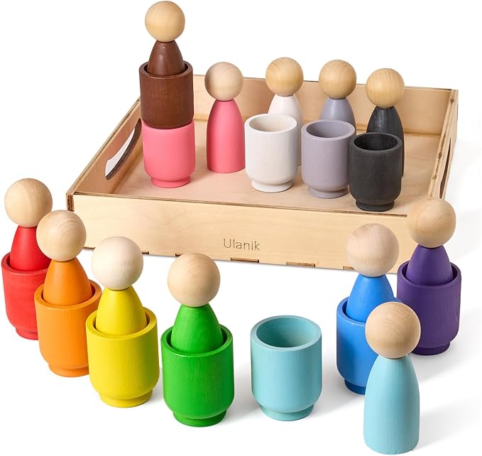 Ulanik Peg Dolls in Cups Montessori Toys for 1 Year Old | Open-ended wooden sorting set; 12 clear colors; cups and birch tray for easy storage