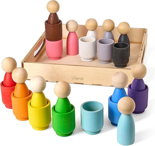 Ulanik Peg Dolls in Cups Montessori Toys for 1 Year Old | Open-ended wooden sorting set; 12 clear colors; cups and birch tray for easy storage