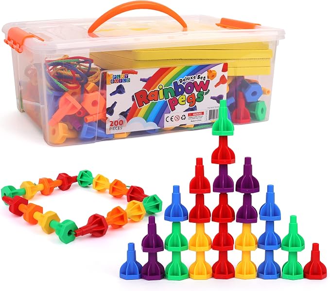 Rainbow Pegs and Board Deluxe 200pc Set, Montessori Baby Toys, Stacking and Lacing Pegs, Baby and Toddler Toys, Play and Learn STEM Toy, Fine Motor Skills, Ages 3+