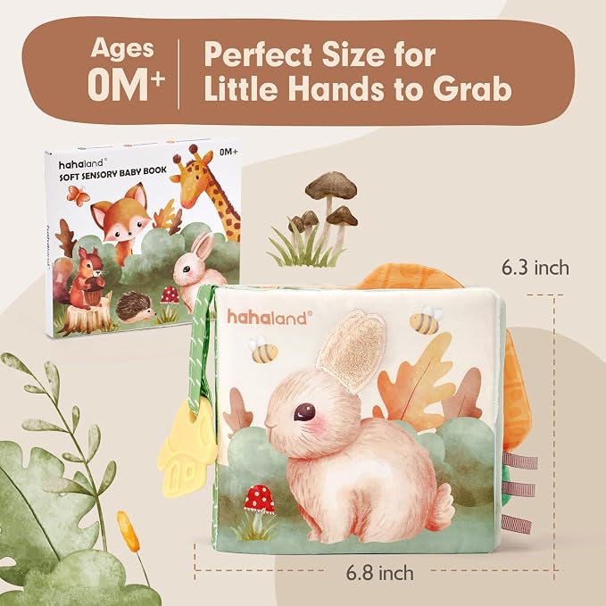 hahaland Baby Soft Cloth Crinkle Books Touch and Feel Sensory Infant Toy | Interactive Book with Mirror Teether, Perfect for 0+ 3 6 Months Baby Girl Boy Newborn Essentials