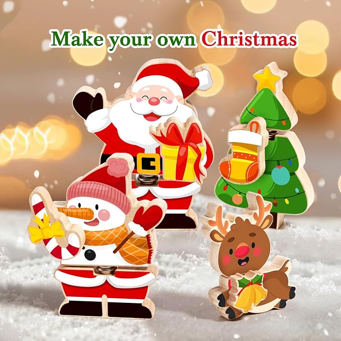 HUZU Wooden Snap Together Button Building Blocks for Kids 3-8, Easter and Animals 3D Puzzle Toys, Montessori Educational STEM Fine Motor Skills Learning Toys (Christmas Friends)