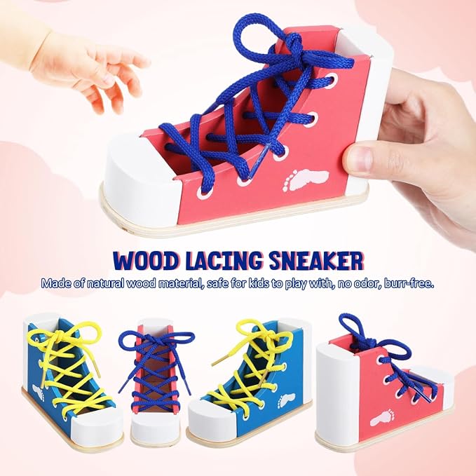 STOBOK 2pcs Learn to Tie Shoes for Kids with Wooden Lacing Sneaker Toy | Tie-Up Shoe Practice Kit Threading Montessori Educational Toys (Blue + Pink)