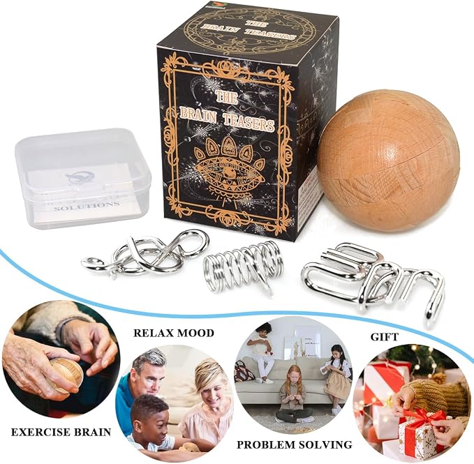 KINGOU Wooden Sphere Puzzle Brain Teaser Toy for Kids and Adults | Measures 2.36 inches, ideal ball stocking stuffer puzzle gift, includes 3 random metal puzzles and guide