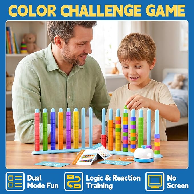 Color Challenge Game – 2 Pack Color Matching Puzzle Game for Family Game Night and Party, Board Game for Kids 6-8-12, Adults, Stacking Game with 2 Stack Racks, 100 Cards, 120 Rings, Bell, Storage Bag‌